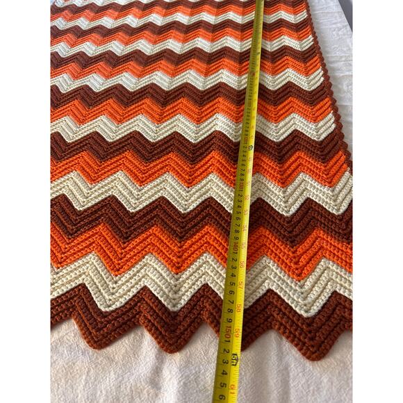 Handmade Zigzag Crochet Afghan Orange and Cream Blanket - Picture 3 of 5